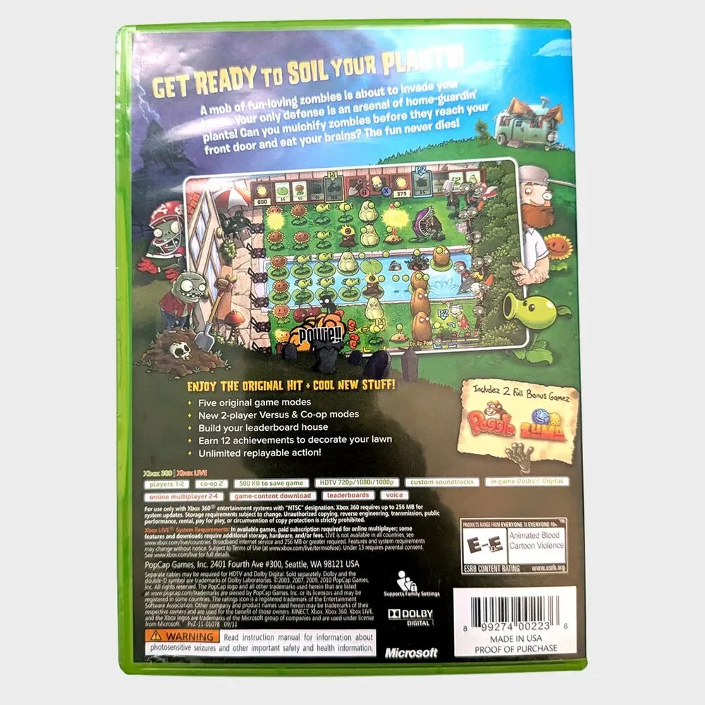 XBOX 360 Plants vs Zombies Platinum Hits Video Game 2010 Pop Cap Tower Defense